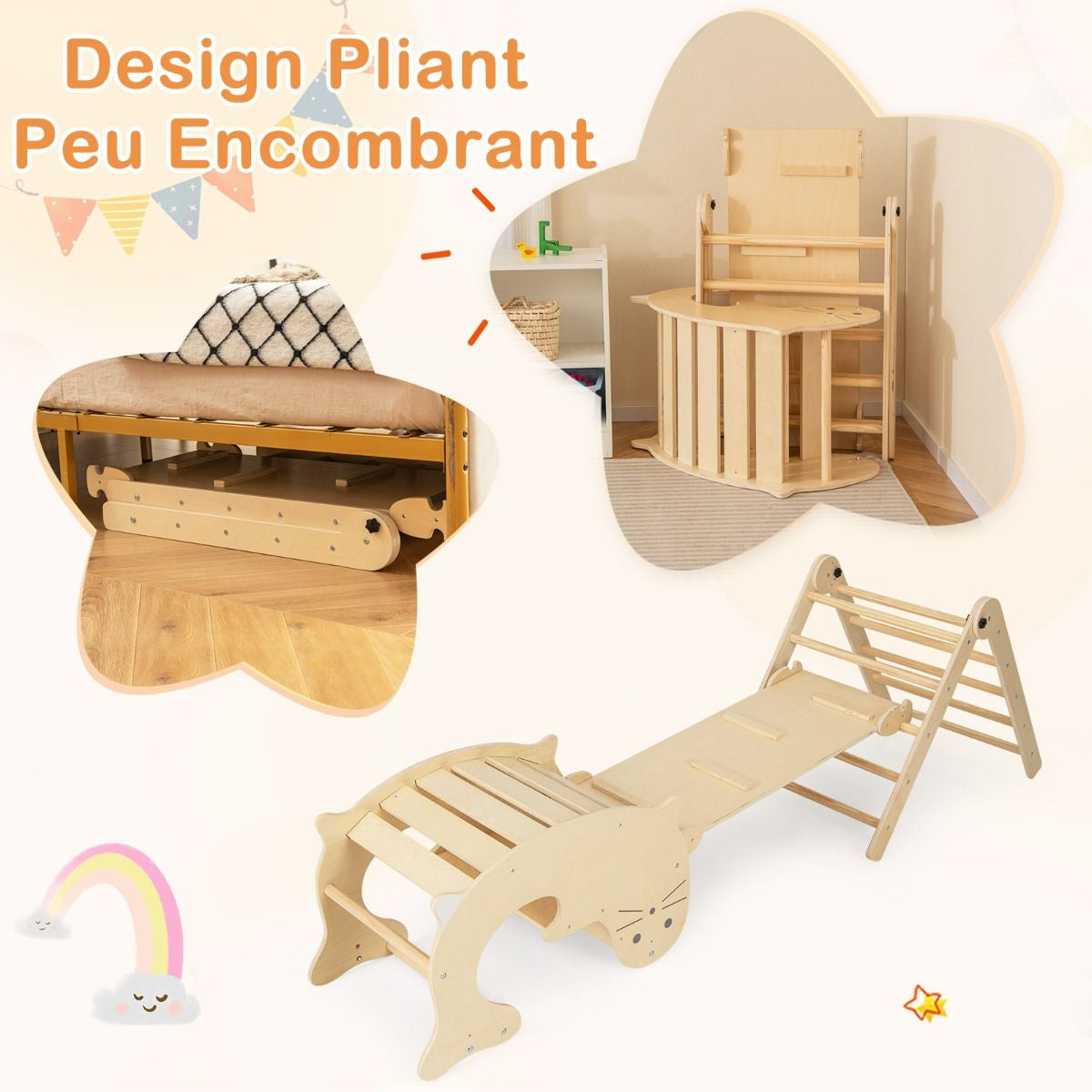 Jouets D'Escalade D'Intérieur 7 En 1 En Bois Pliable Rampe Réversible Chaise À Bascule Otarie Table De Jeu Tunnel Rampant Pour 3-4 Ans Naturel/Multicolore