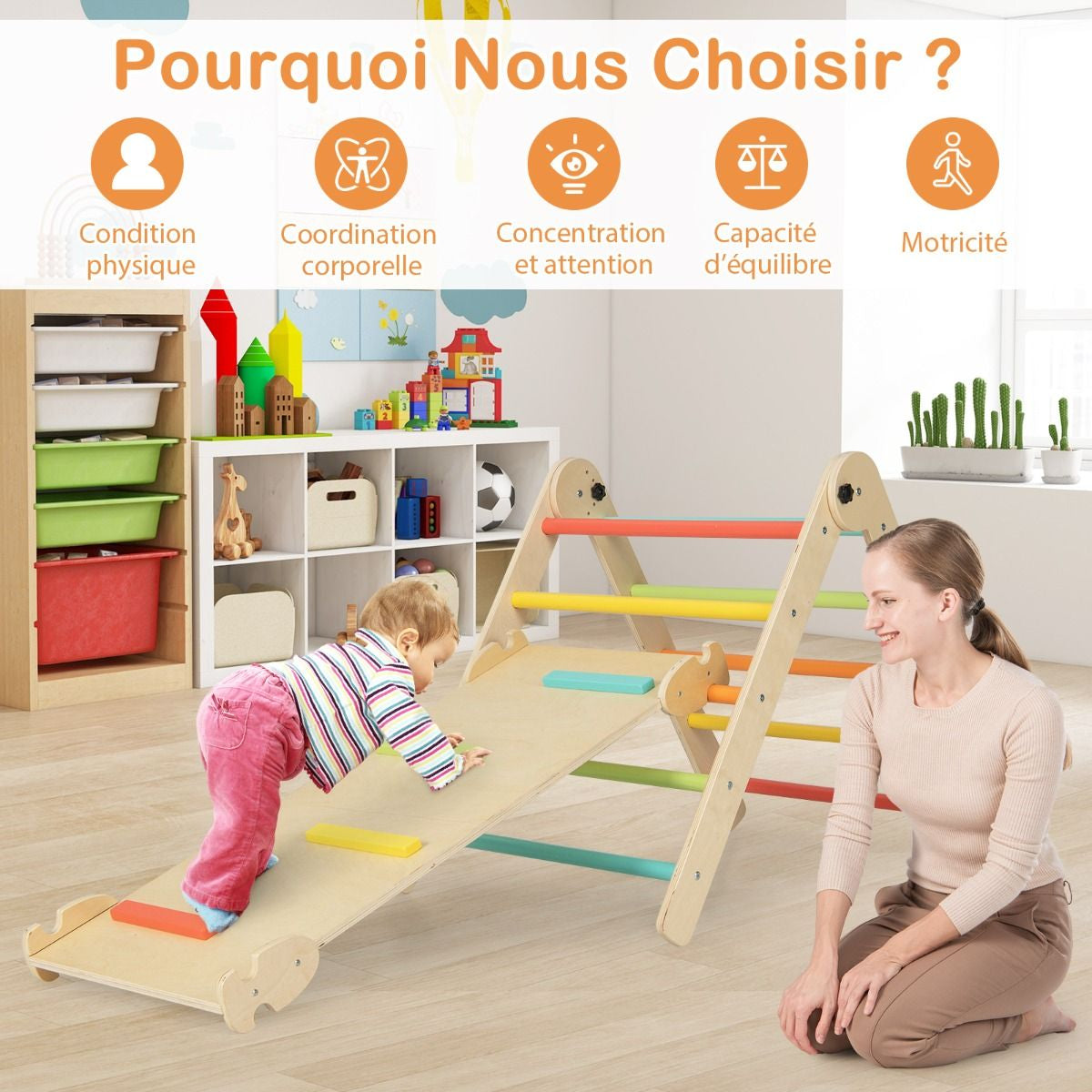 Jouets D'Escalade D'Intérieur 7 En 1 En Bois Pliable Rampe Réversible Chaise À Bascule Otarie Table De Jeu Tunnel Rampant Pour 3-4 Ans Naturel/Multicolore