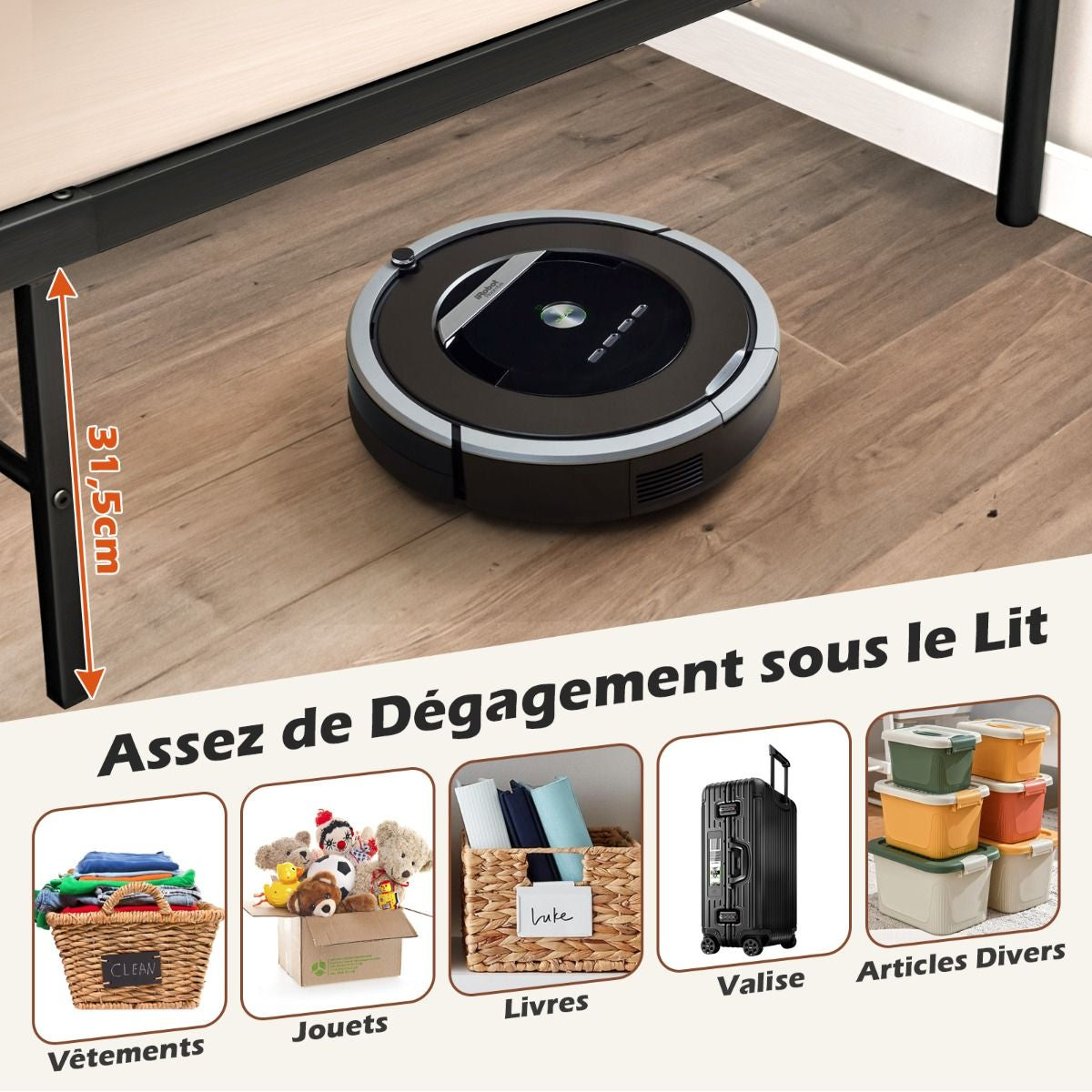 Lit Double Pour Adulte - Cadre De Lit En Métal - 160 X 200 CM - 9 Pieds De Support - Pas De Sommier Nécessaire - Sans Bruit