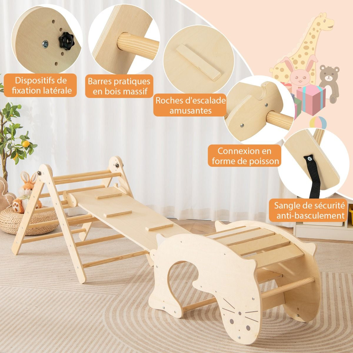 Jouets D'Escalade D'Intérieur 7 En 1 En Bois Pliable Rampe Réversible Chaise À Bascule Otarie Table De Jeu Tunnel Rampant Pour 3-4 Ans Naturel/Multicolore