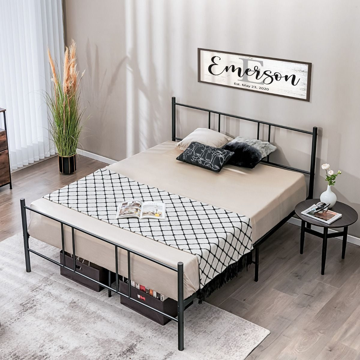 Lit Double Pour Adulte - Cadre De Lit En Métal - 160 X 200 CM - 9 Pieds De Support - Pas De Sommier Nécessaire - Sans Bruit