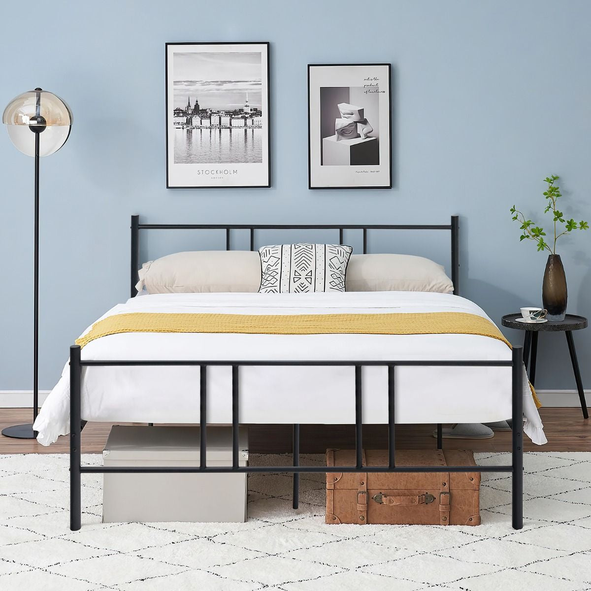 Lit Double Pour Adulte - Cadre De Lit En Métal - 160 X 200 CM - 9 Pieds De Support - Pas De Sommier Nécessaire - Sans Bruit