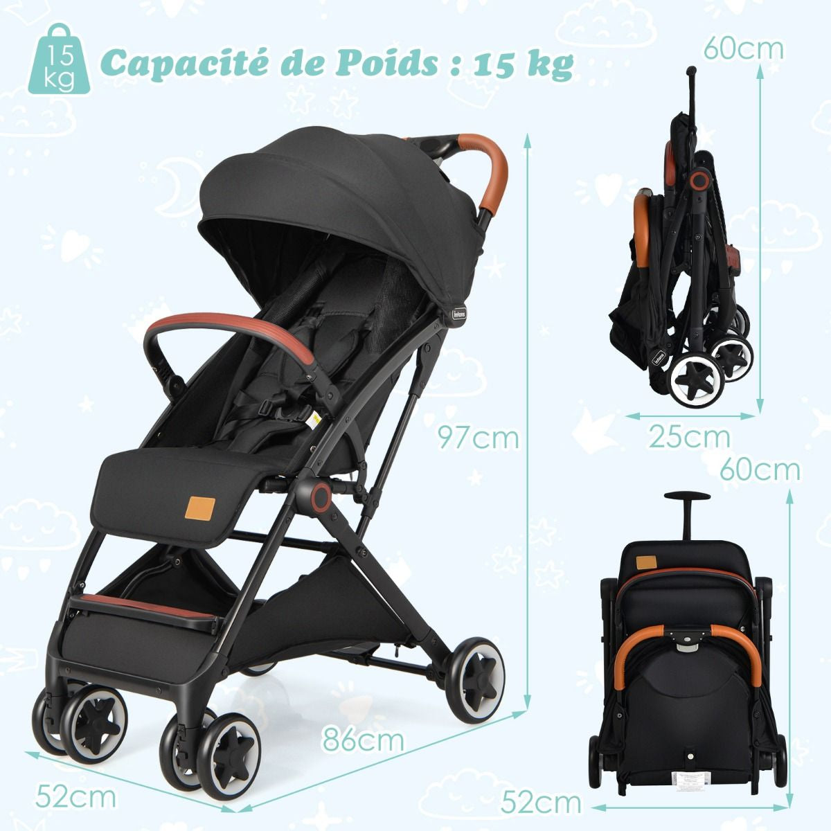 Poussette De Voyage Pour Bébé Avec Pare-Soleil Inclinable Porte-Gobelet Harnais 5 Points Dossier Réglable Chancelière Rangement Inférieur Gris/Noir