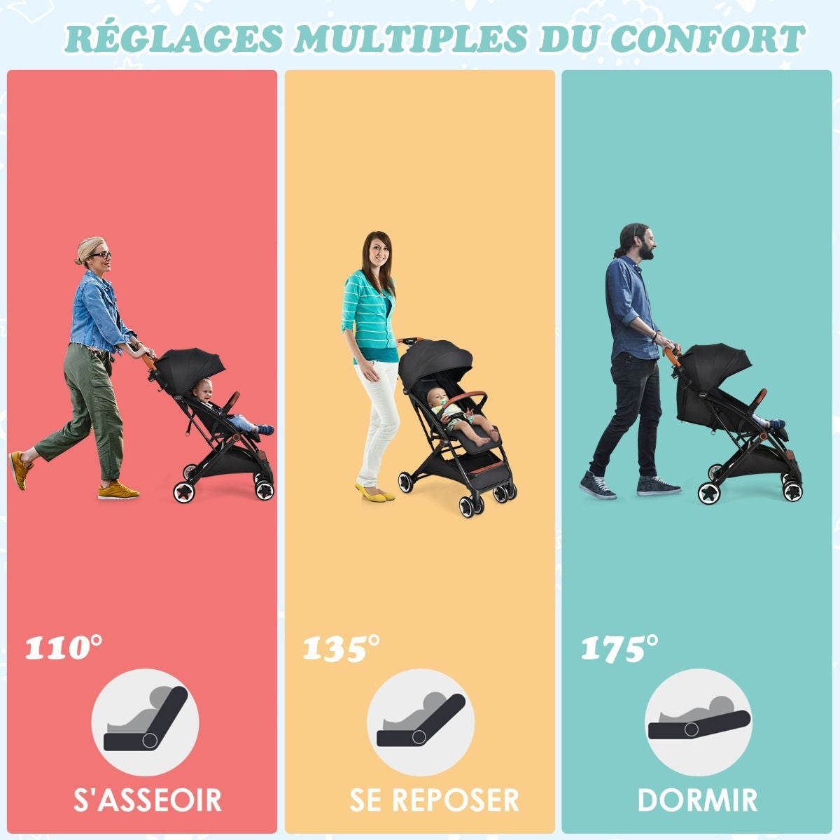Poussette De Voyage Pour Bébé Avec Pare-Soleil Inclinable Porte-Gobelet Harnais 5 Points Dossier Réglable Chancelière Rangement Inférieur Gris/Noir