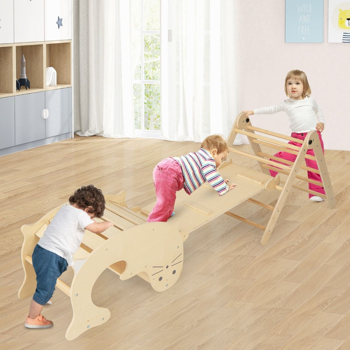 Jouets D'Escalade D'Intérieur 7 En 1 En Bois Pliable Rampe Réversible Chaise À Bascule Otarie Table De Jeu Tunnel Rampant Pour 3-4 Ans Naturel/Multicolore