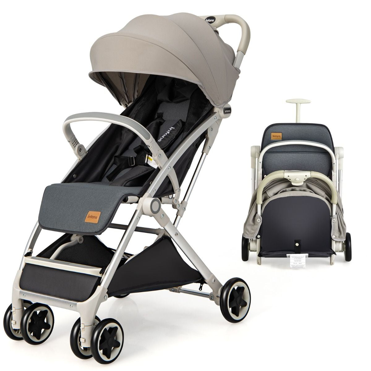 Poussette De Voyage Pour Bébé Avec Pare-Soleil Inclinable Porte-Gobelet Harnais 5 Points Dossier Réglable Chancelière Rangement Inférieur Gris/Noir