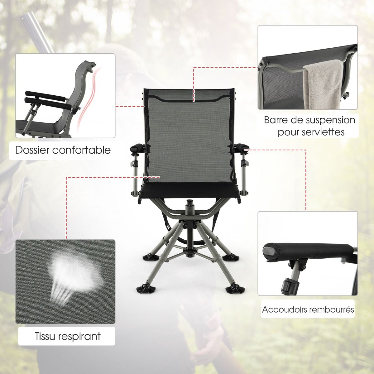 Chaise De Chasse Pivotante À 360° Pliable Hauteur Réglable Repose-Pieds Tout Terrain Accoudoirs Rembourrés Sangle De Transport Capacité 180 Kg Noir