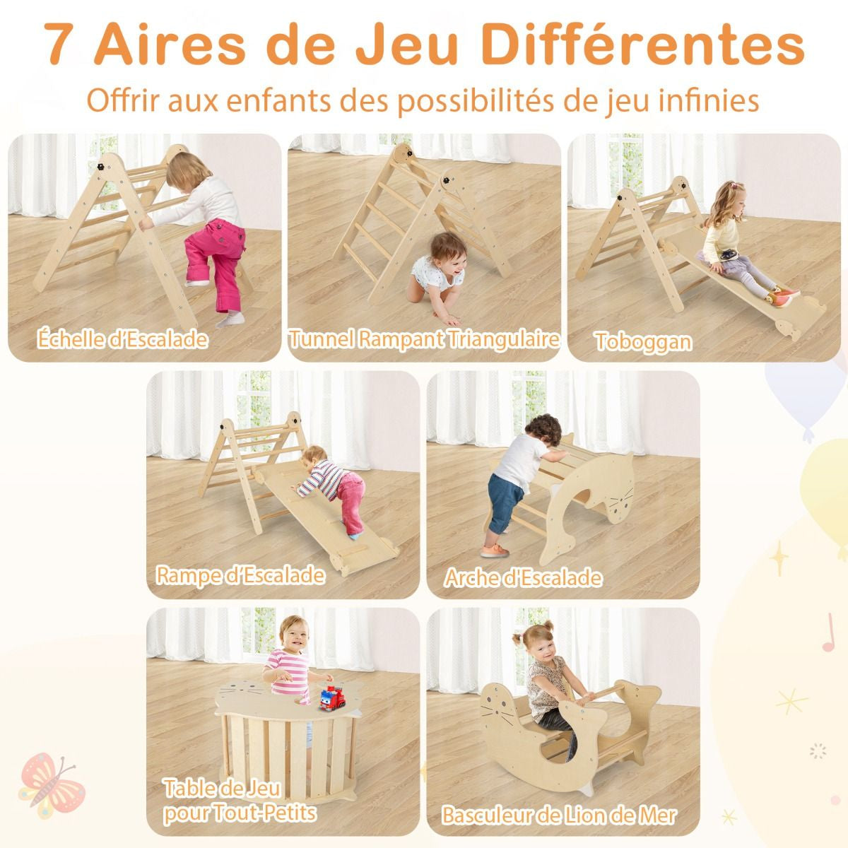 Jouets D'Escalade D'Intérieur 7 En 1 En Bois Pliable Rampe Réversible Chaise À Bascule Otarie Table De Jeu Tunnel Rampant Pour 3-4 Ans Naturel/Multicolore
