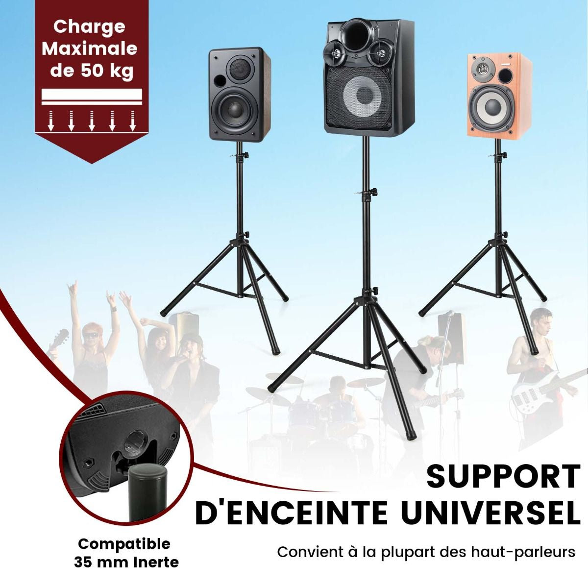 Supports Pour Enceintes Sono DJ Pliable Hauteur Réglable Sur 5 Niveaux Structure En Métal Insert Compatible 35 Mm Noir
