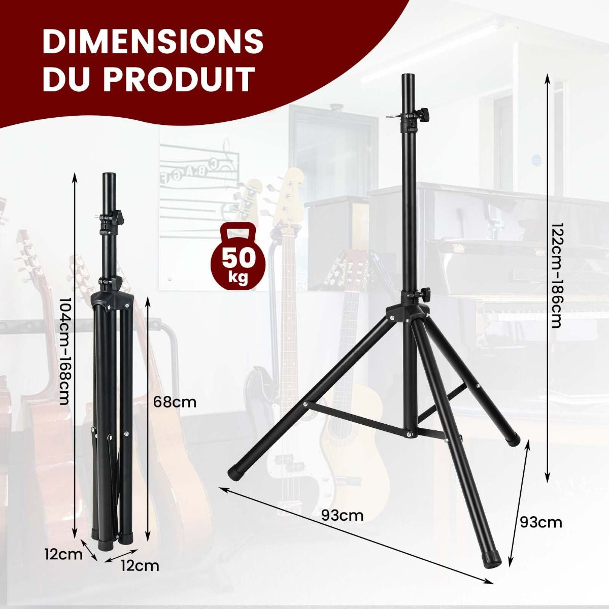 Supports Pour Enceintes Sono DJ Pliable Hauteur Réglable Sur 5 Niveaux Structure En Métal Insert Compatible 35 Mm Noir