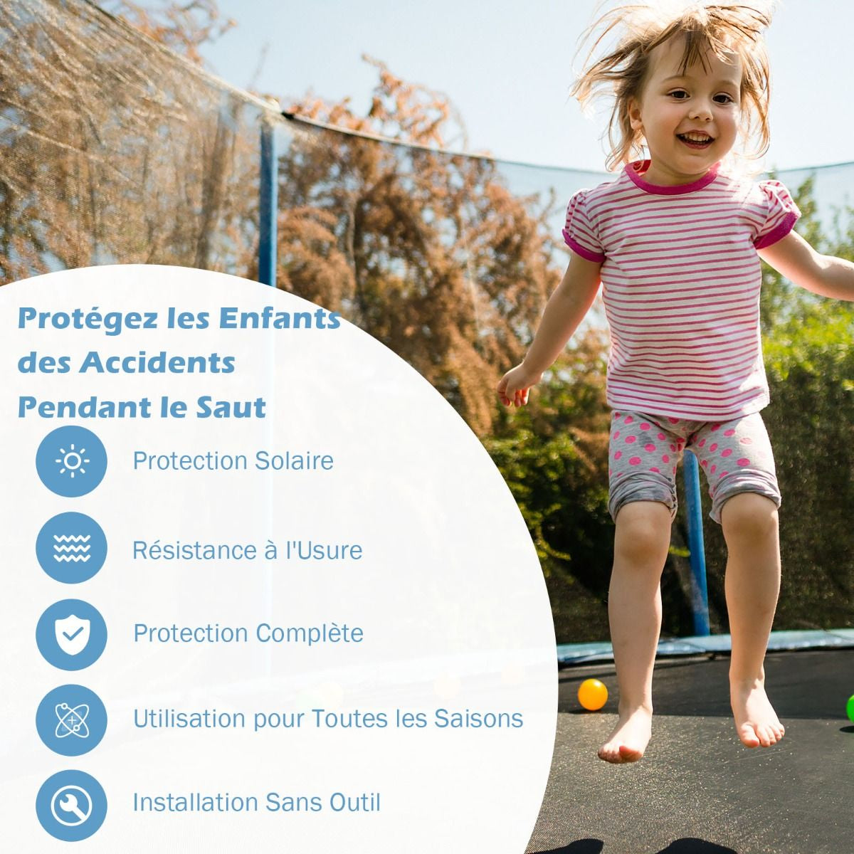 Filet De Sécurité Pour Trampoline 488 Cm Avec 11 Poteaux Fermeture Eclair Double Et Boucles De Protection Intérieur/Extérieur