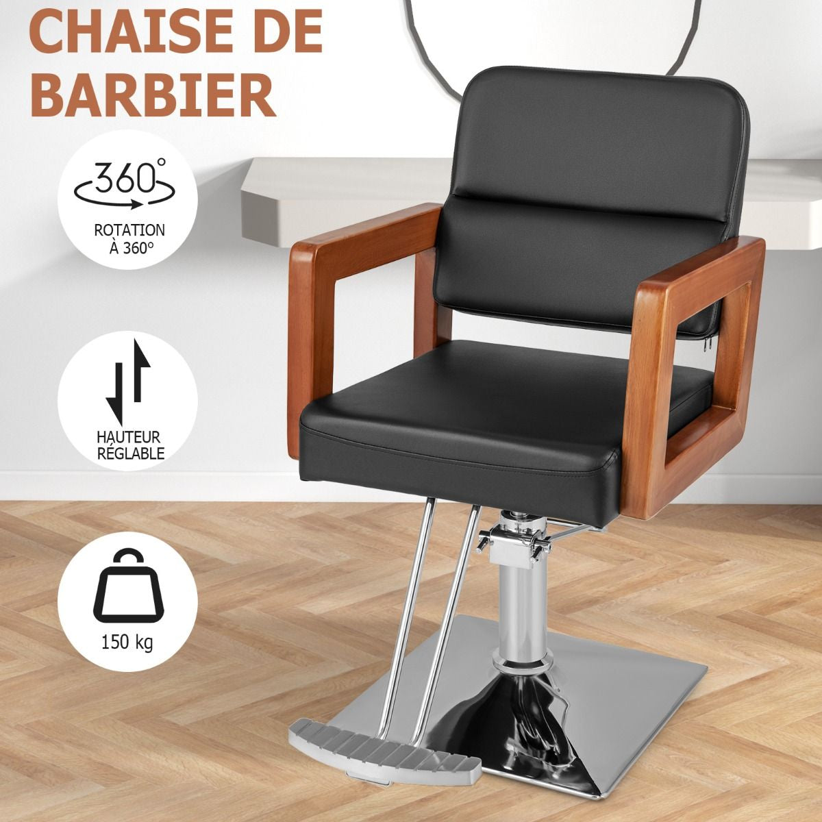 Chaise De Barbier Hydraulique Chaise De Salon De Coiffure Rotative À 360° Hauteur Réglable Chaise De Tatouage Avec Accoudoirs Noir