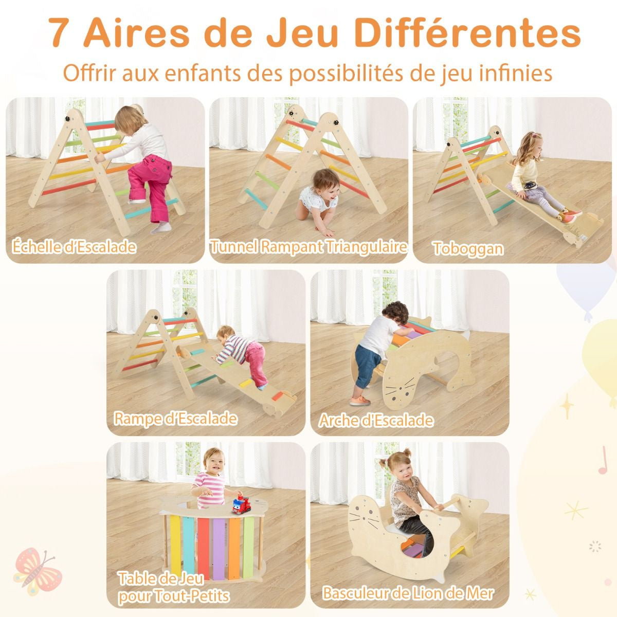 Jouets D'Escalade D'Intérieur 7 En 1 En Bois Pliable Rampe Réversible Chaise À Bascule Otarie Table De Jeu Tunnel Rampant Pour 3-4 Ans Naturel/Multicolore